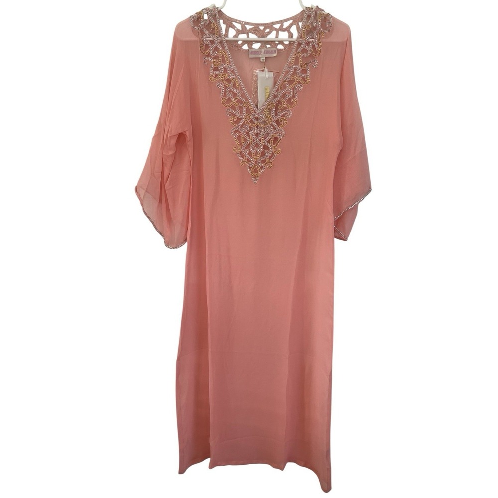 Monique Leshman‎ Beaded Kaftan Maxi Tunic Pink Chiffon Boho Swim Cover Up Size S